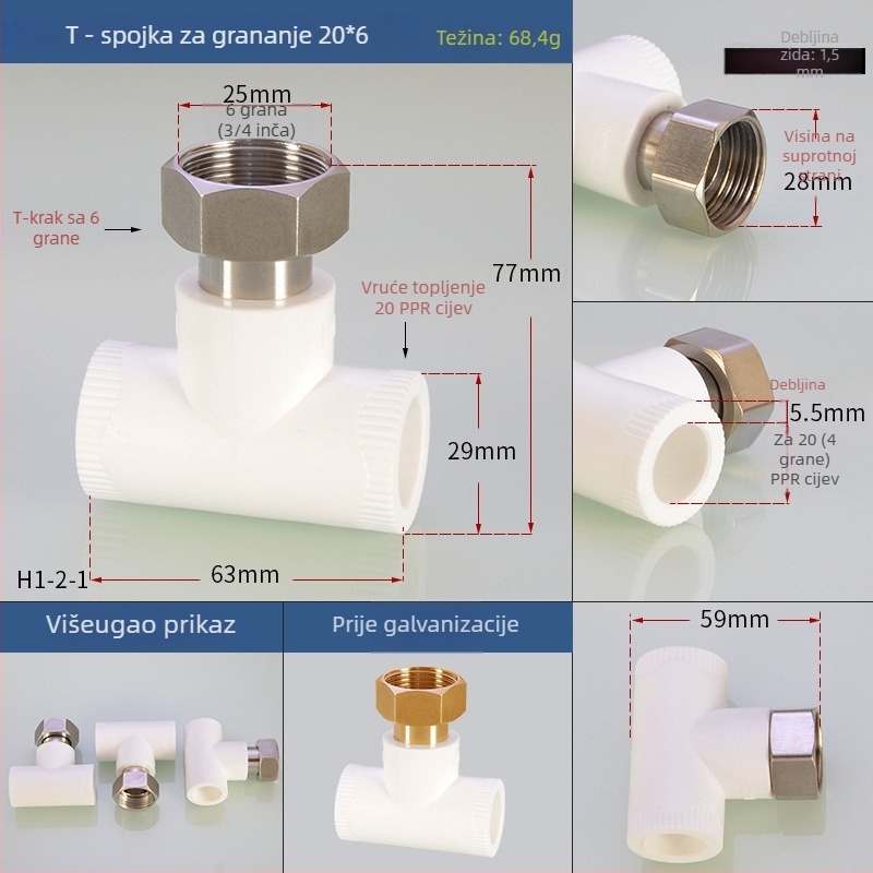 PPR fitinzi za grijanje vode: unutarnji navojni T-izvod (tee elbow) za izravno zavarivanje, Hongying, Zhejiang, Klasa I
