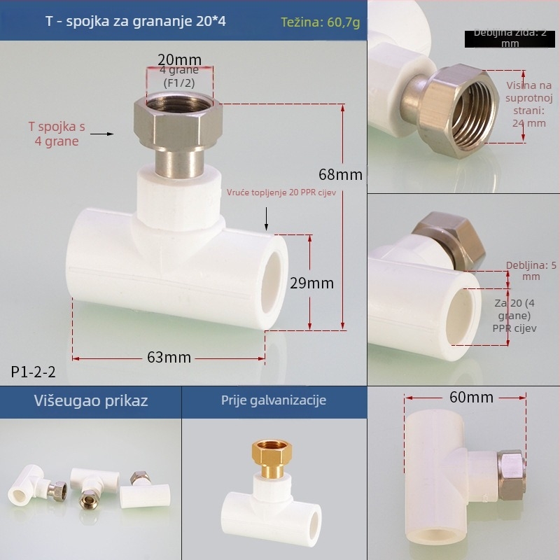 PPR fitinzi za grijanje vode: unutarnji navojni T-izvod (tee elbow) za izravno zavarivanje, Hongying, Zhejiang, Klasa I