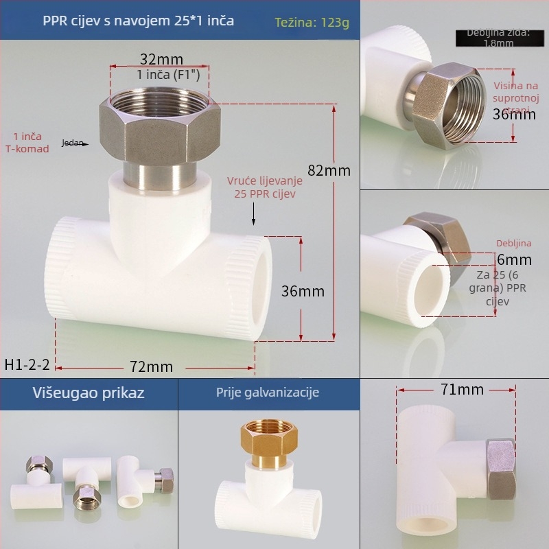 PPR fitinzi za grijanje vode: unutarnji navojni T-izvod (tee elbow) za izravno zavarivanje, Hongying, Zhejiang, Klasa I