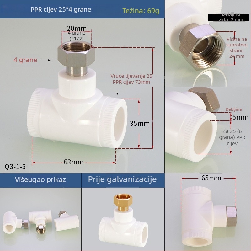 PPR fitinzi za grijanje vode: unutarnji navojni T-izvod (tee elbow) za izravno zavarivanje, Hongying, Zhejiang, Klasa I