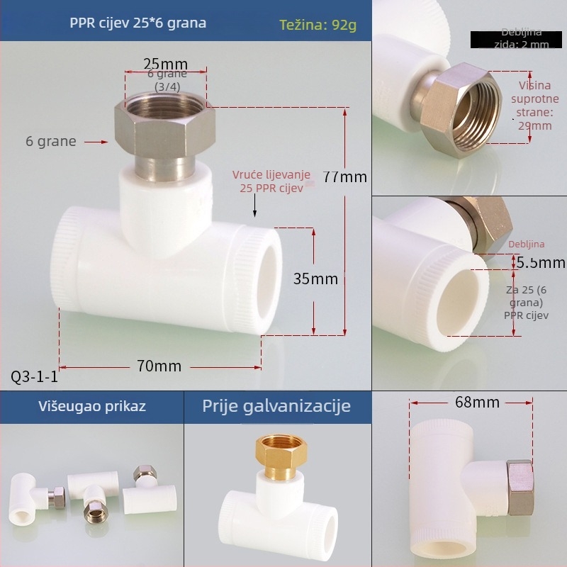 PPR fitinzi za grijanje vode: unutarnji navojni T-izvod (tee elbow) za izravno zavarivanje, Hongying, Zhejiang, Klasa I