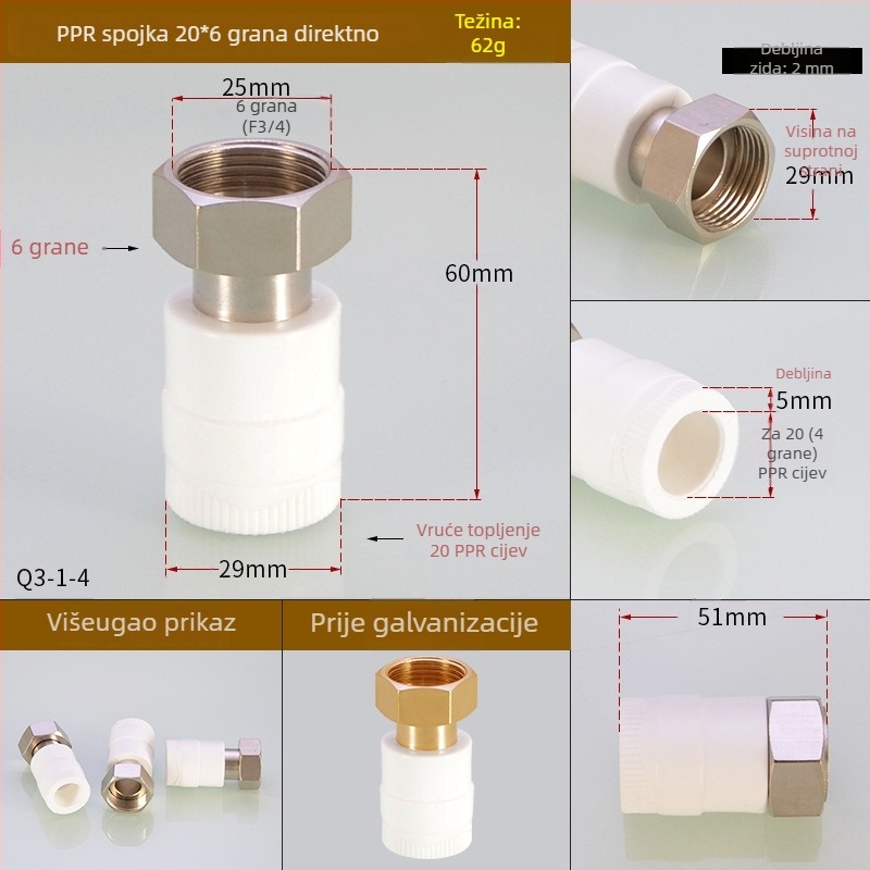 PPR fitinzi za grijanje vode: unutarnji navojni T-izvod (tee elbow) za izravno zavarivanje, Hongying, Zhejiang, Klasa I