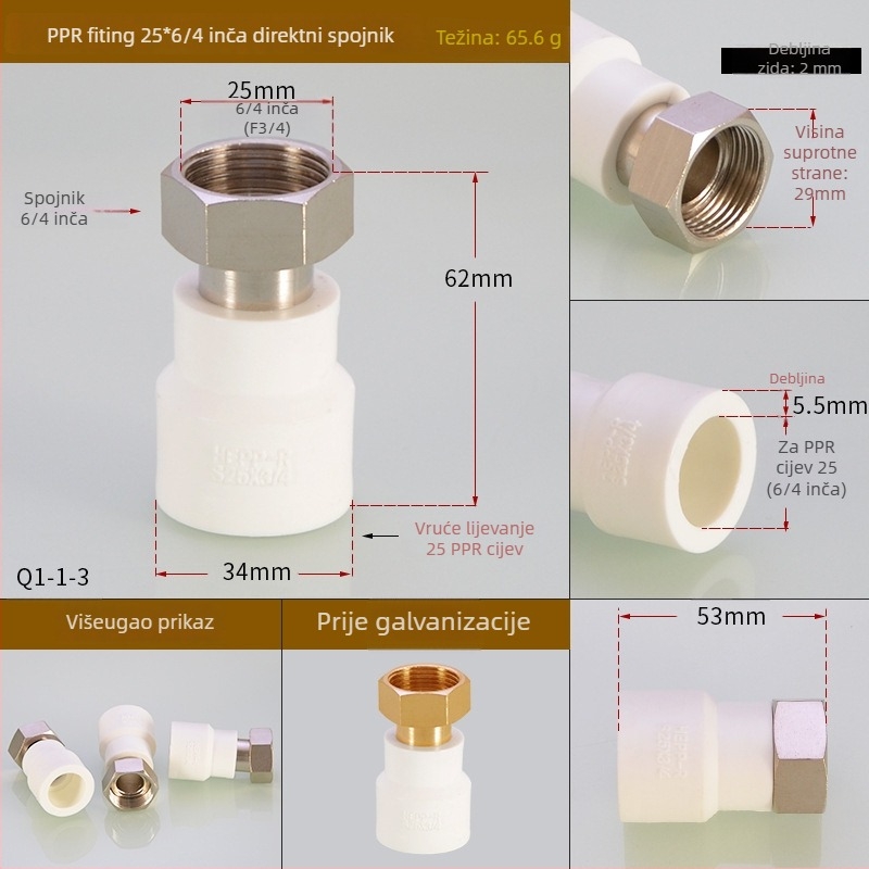 PPR fitinzi za grijanje vode: unutarnji navojni T-izvod (tee elbow) za izravno zavarivanje, Hongying, Zhejiang, Klasa I