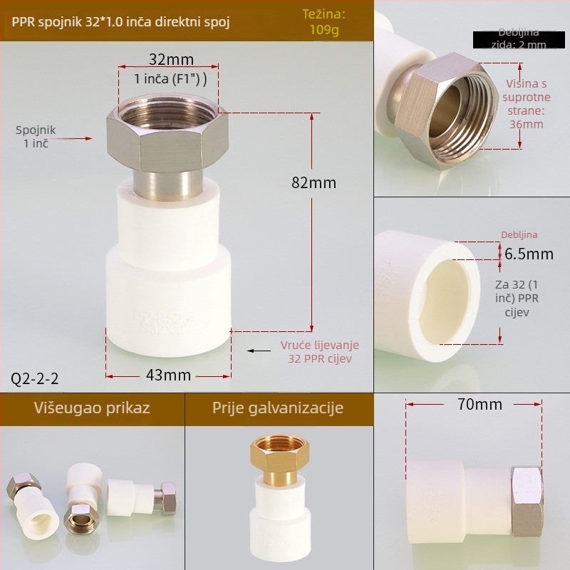 PPR fitinzi za grijanje vode: unutarnji navojni T-izvod (tee elbow) za izravno zavarivanje, Hongying, Zhejiang, Klasa I