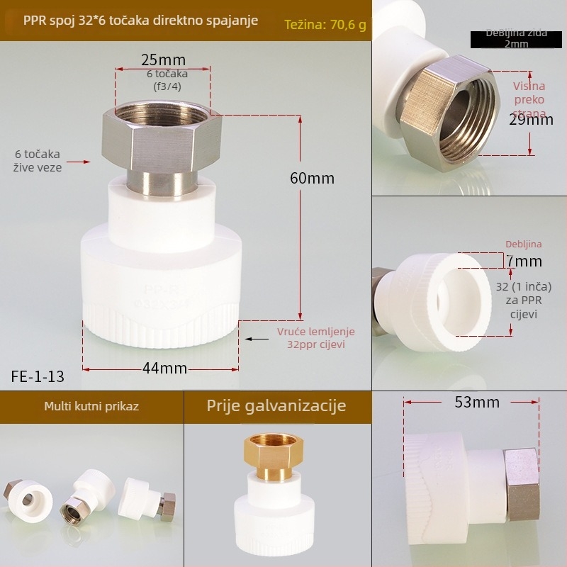 PPR fitinzi za grijanje vode: unutarnji navojni T-izvod (tee elbow) za izravno zavarivanje, Hongying, Zhejiang, Klasa I
