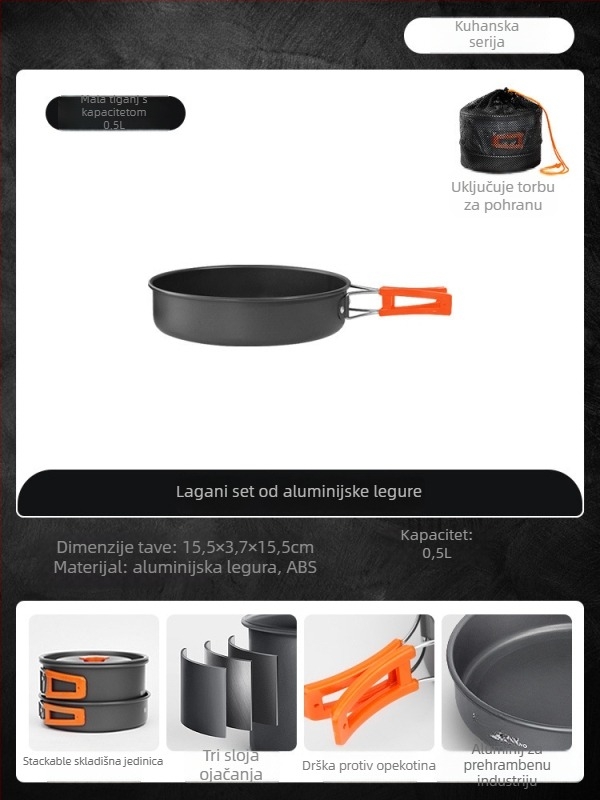Prijenosni set posuđa za kampiranje – aluminijska legura, Tuocun, za 1–2 osobe, težina 1,0 kg
