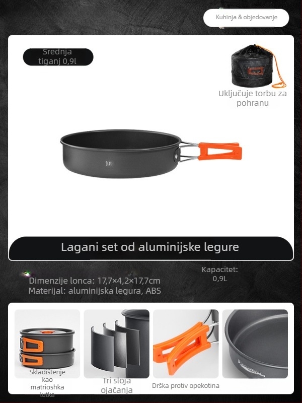 Prijenosni set posuđa za kampiranje – aluminijska legura, Tuocun, za 1–2 osobe, težina 1,0 kg