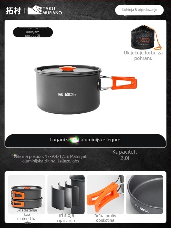 Prijenosni set posuđa za kampiranje – aluminijska legura, Tuocun, za 1–2 osobe, težina 1,0 kg