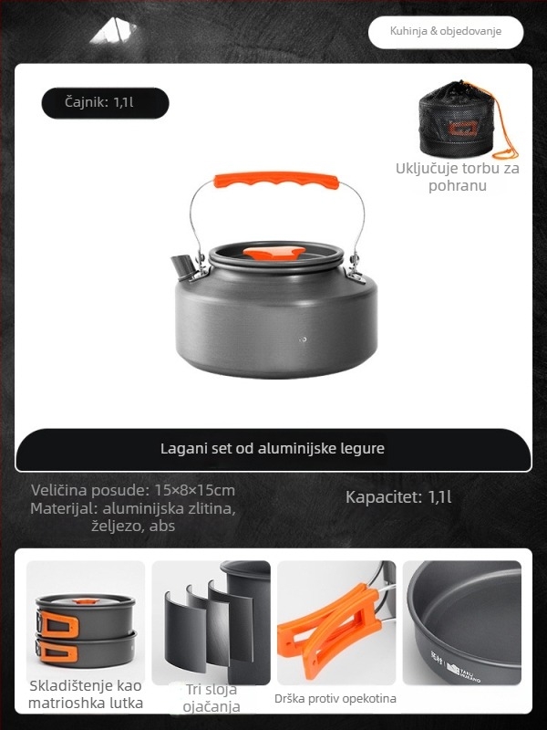 Prijenosni set posuđa za kampiranje – aluminijska legura, Tuocun, za 1–2 osobe, težina 1,0 kg
