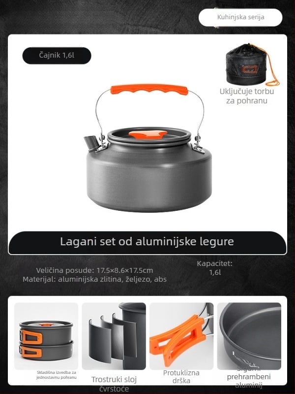 Prijenosni set posuđa za kampiranje – aluminijska legura, Tuocun, za 1–2 osobe, težina 1,0 kg