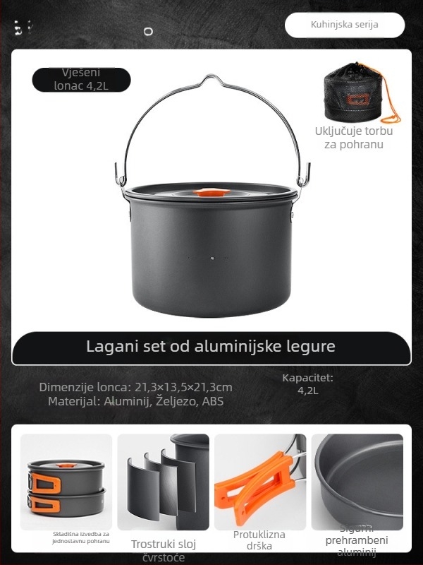 Prijenosni set posuđa za kampiranje – aluminijska legura, Tuocun, za 1–2 osobe, težina 1,0 kg