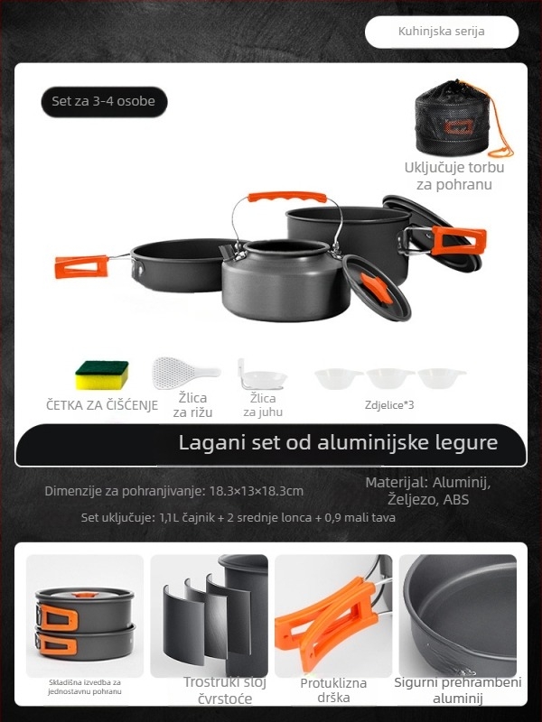 Prijenosni set posuđa za kampiranje – aluminijska legura, Tuocun, za 1–2 osobe, težina 1,0 kg