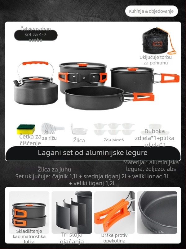 Prijenosni set posuđa za kampiranje – aluminijska legura, Tuocun, za 1–2 osobe, težina 1,0 kg
