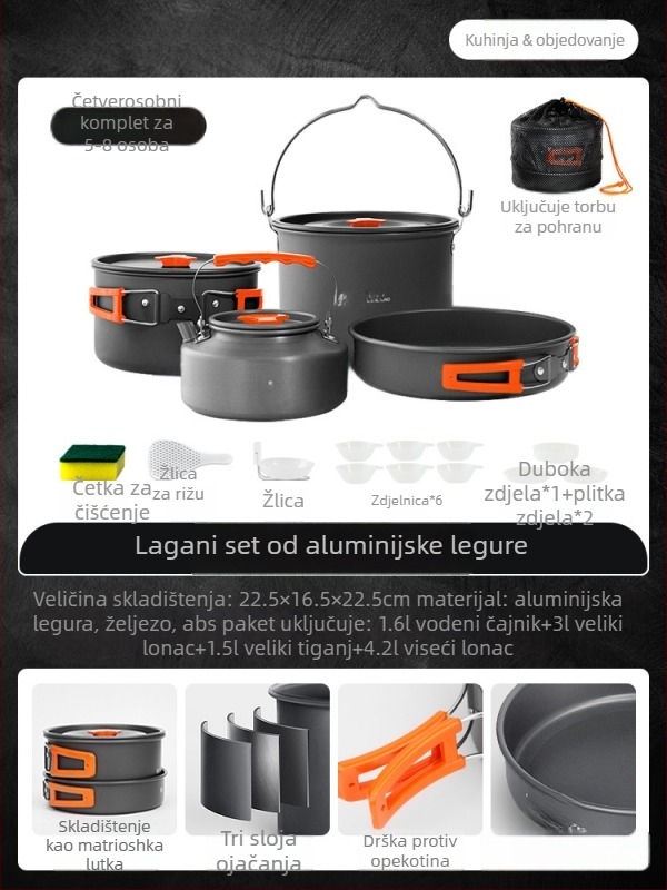 Prijenosni set posuđa za kampiranje – aluminijska legura, Tuocun, za 1–2 osobe, težina 1,0 kg