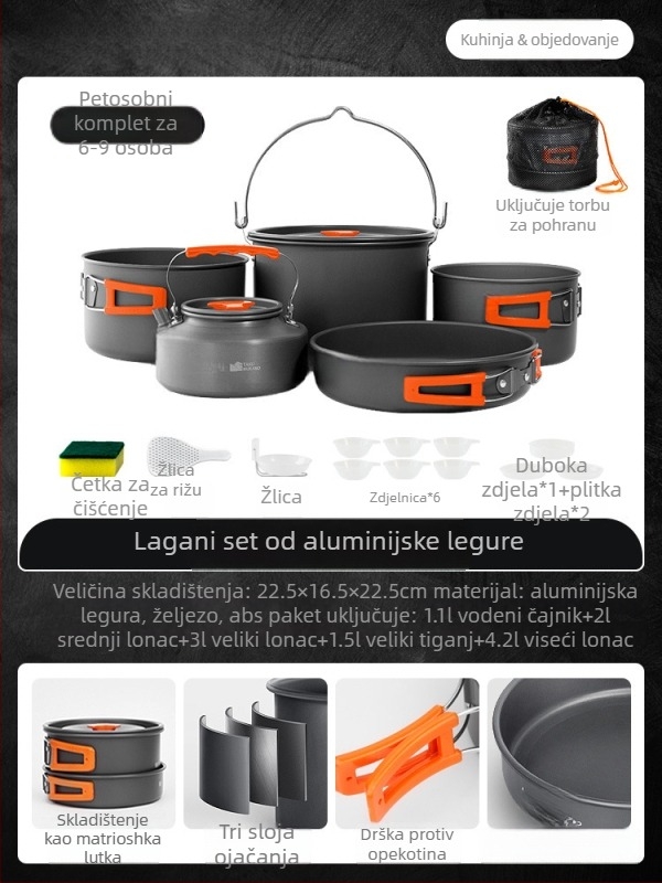 Prijenosni set posuđa za kampiranje – aluminijska legura, Tuocun, za 1–2 osobe, težina 1,0 kg