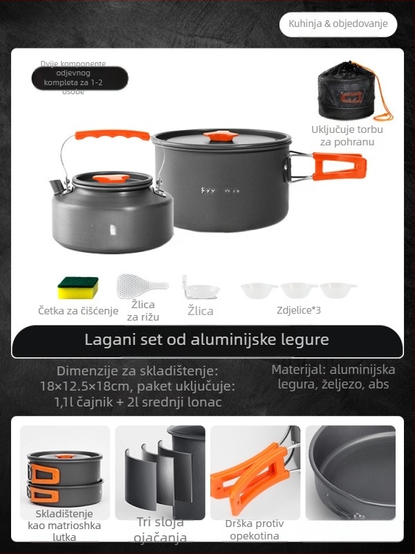 Prijenosni set posuđa za kampiranje – aluminijska legura, Tuocun, za 1–2 osobe, težina 1,0 kg