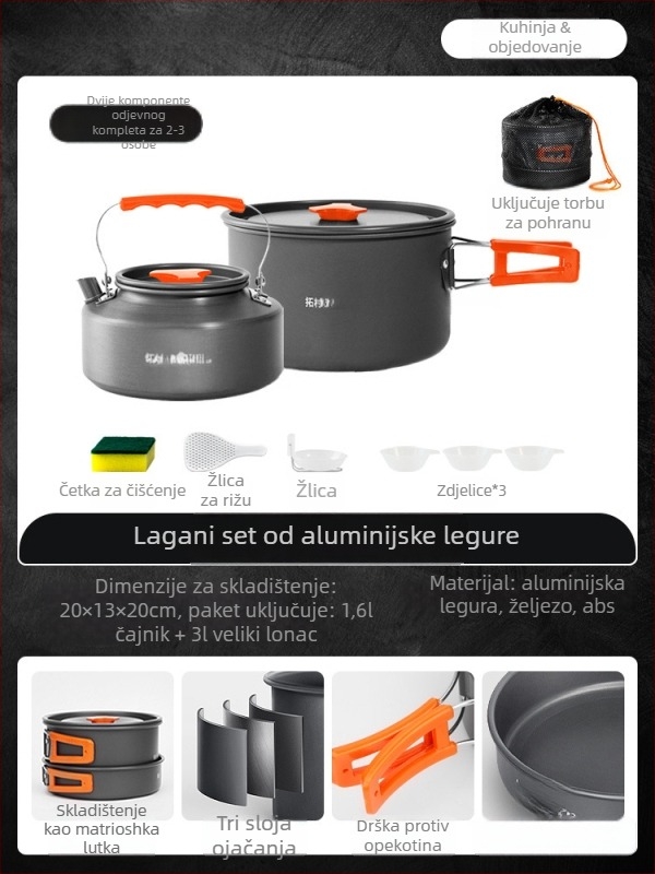 Prijenosni set posuđa za kampiranje – aluminijska legura, Tuocun, za 1–2 osobe, težina 1,0 kg