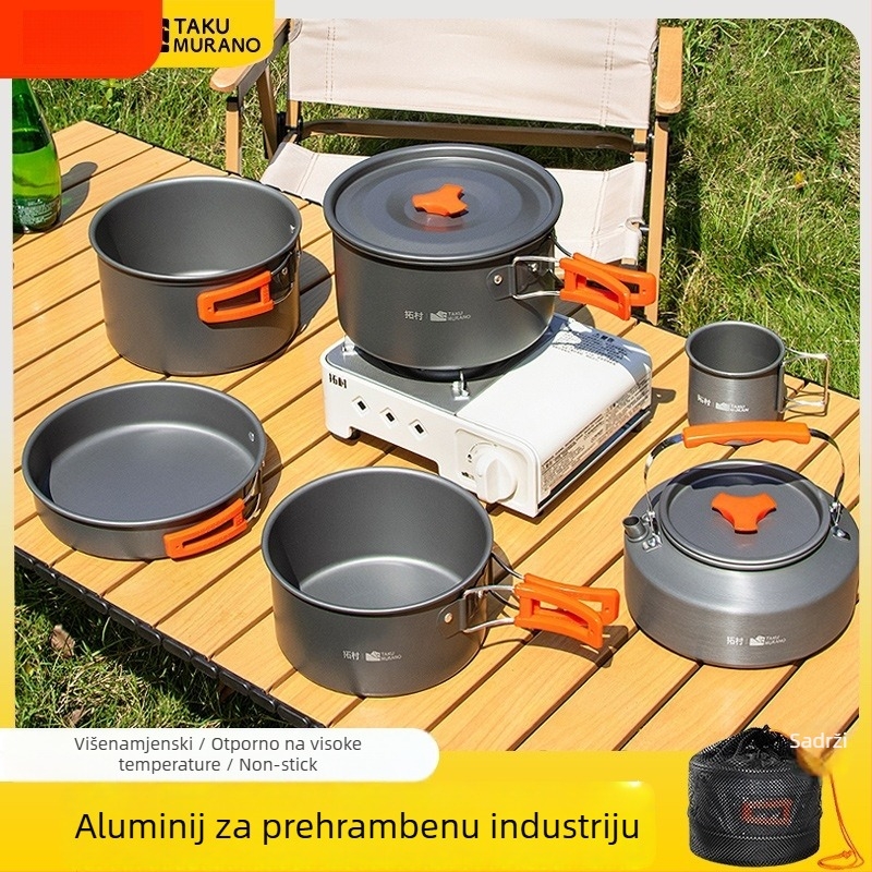 Prijenosni set posuđa za kampiranje – aluminijska legura, Tuocun, za 1–2 osobe, težina 1,0 kg