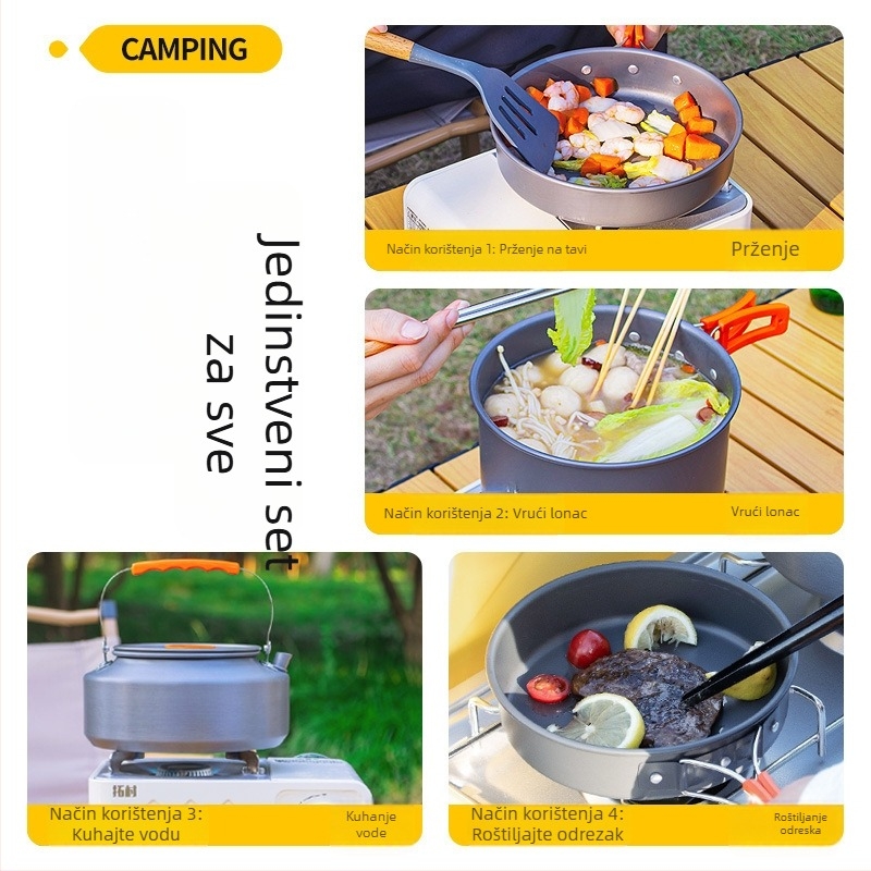 Prijenosni set posuđa za kampiranje – aluminijska legura, Tuocun, za 1–2 osobe, težina 1,0 kg