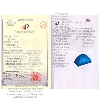 Šator za kampiranje, jednoslojna konstrukcija, za četiri sezone; težina 1,2 kg; vanjska vodootpornost 1000–1500 mm; donja vodootpornost 1500 mm