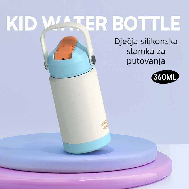 Dječji termos čaša, 304 nehrđajući čelik, vakuumska izolacija 12–24h, s držalom, slamkom i odvodičem za čaj