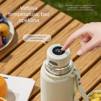 Termos čaša s pretincom za čaj, unutarnja tanka 316 nerđajući čelik, vanjski omotač 201 nerđajući čelik, zaslon temperature, prijenosna izolirana čaša, zadržava temperaturu 24-36 sati