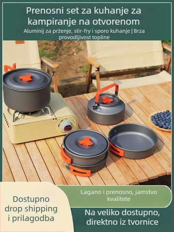 Set kuhinjskih posuda za kampiranje od aluminijske legure s canister štednjakom, za 3–5 osoba, višenamjenski (prženje/kuhanje), moguć tisak logotipa