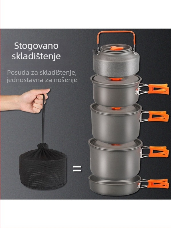 Set kuhinjskih posuda za kampiranje od aluminijske legure s canister štednjakom, za 3–5 osoba, višenamjenski (prženje/kuhanje), moguć tisak logotipa