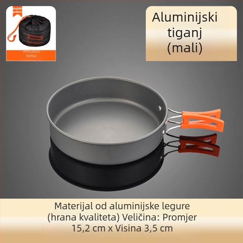 Set kuhinjskih posuda za kampiranje od aluminijske legure s canister štednjakom, za 3–5 osoba, višenamjenski (prženje/kuhanje), moguć tisak logotipa