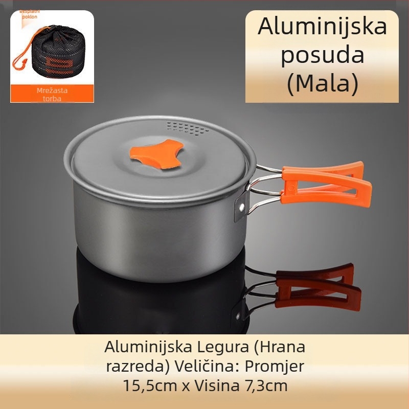 Set kuhinjskih posuda za kampiranje od aluminijske legure s canister štednjakom, za 3–5 osoba, višenamjenski (prženje/kuhanje), moguć tisak logotipa