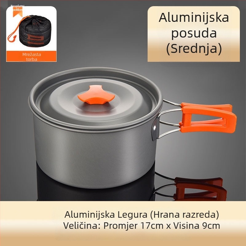 Set kuhinjskih posuda za kampiranje od aluminijske legure s canister štednjakom, za 3–5 osoba, višenamjenski (prženje/kuhanje), moguć tisak logotipa