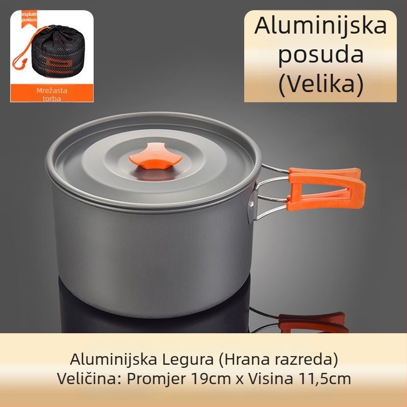 Set kuhinjskih posuda za kampiranje od aluminijske legure s canister štednjakom, za 3–5 osoba, višenamjenski (prženje/kuhanje), moguć tisak logotipa