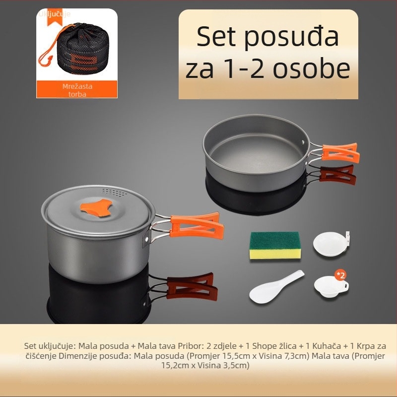 Set kuhinjskih posuda za kampiranje od aluminijske legure s canister štednjakom, za 3–5 osoba, višenamjenski (prženje/kuhanje), moguć tisak logotipa