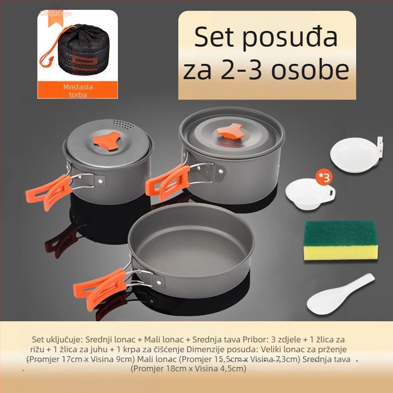 Set kuhinjskih posuda za kampiranje od aluminijske legure s canister štednjakom, za 3–5 osoba, višenamjenski (prženje/kuhanje), moguć tisak logotipa
