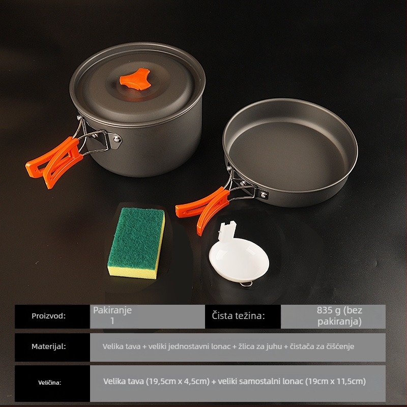 Set kuhinjskih posuda za kampiranje od aluminijske legure s canister štednjakom, za 3–5 osoba, višenamjenski (prženje/kuhanje), moguć tisak logotipa