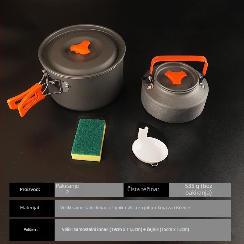 Set kuhinjskih posuda za kampiranje od aluminijske legure s canister štednjakom, za 3–5 osoba, višenamjenski (prženje/kuhanje), moguć tisak logotipa