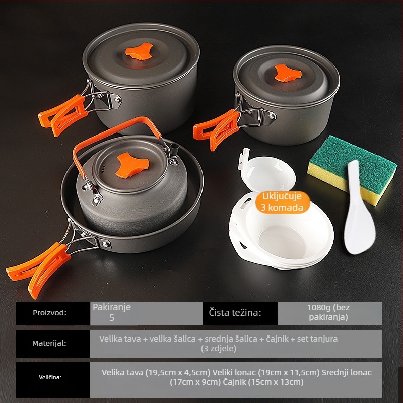 Set kuhinjskih posuda za kampiranje od aluminijske legure s canister štednjakom, za 3–5 osoba, višenamjenski (prženje/kuhanje), moguć tisak logotipa