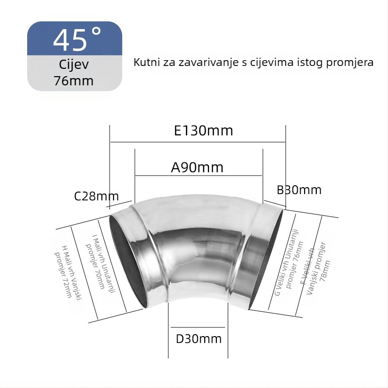 Kutni spoj cijevi od 304 nehrđajućeg čelika, zavareni, štancani, 90°, velikog promjera, debljina stijenke 1,2 mm