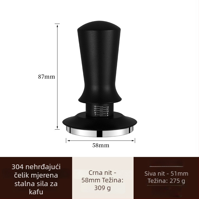 Tamper za kavu s podesivom skalom, 304 nehrđajući čelik, tlak konstantnog pritiska, laserom graviran logotip, moderan jednostavan dizajn