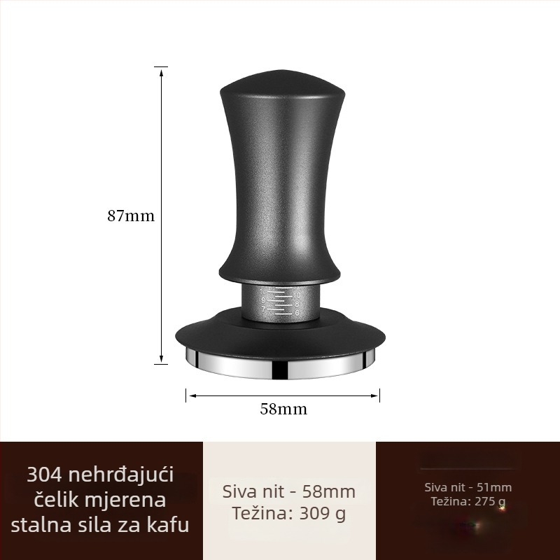 Tamper za kavu s podesivom skalom, 304 nehrđajući čelik, tlak konstantnog pritiska, laserom graviran logotip, moderan jednostavan dizajn