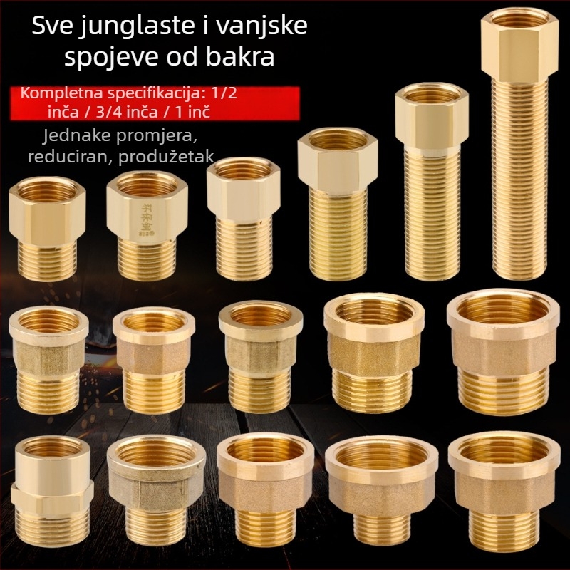 Bakreni produžni spoj s unutarnjim i vanjskim navojem, izravno produženje, navoji 4–6, prohodan dizajn