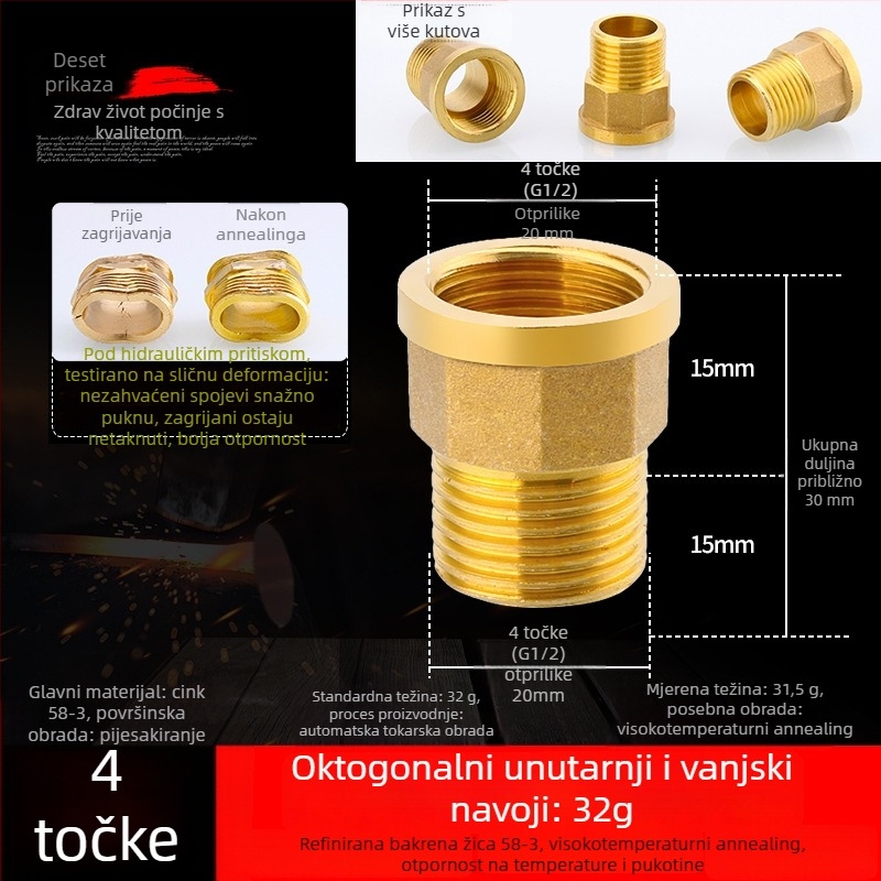 Bakreni produžni spoj s unutarnjim i vanjskim navojem, izravno produženje, navoji 4–6, prohodan dizajn