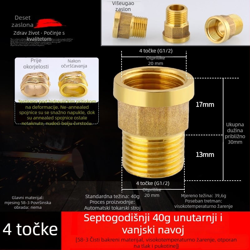 Bakreni produžni spoj s unutarnjim i vanjskim navojem, izravno produženje, navoji 4–6, prohodan dizajn