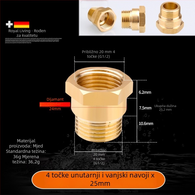 Bakreni produžni spoj s unutarnjim i vanjskim navojem, izravno produženje, navoji 4–6, prohodan dizajn