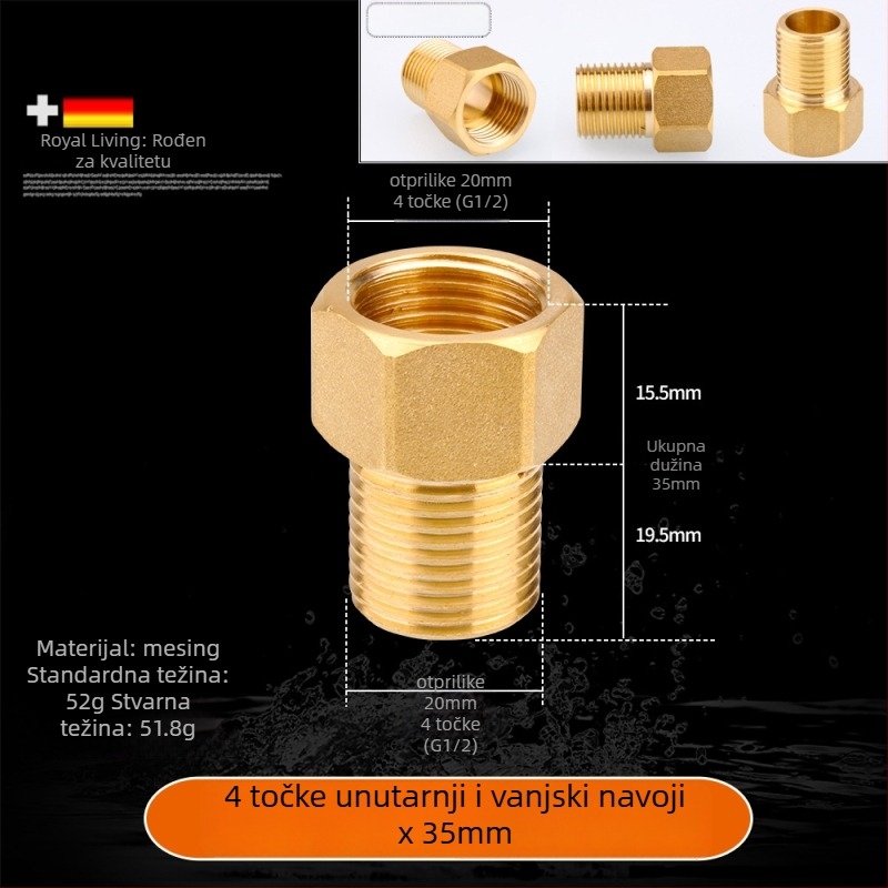 Bakreni produžni spoj s unutarnjim i vanjskim navojem, izravno produženje, navoji 4–6, prohodan dizajn