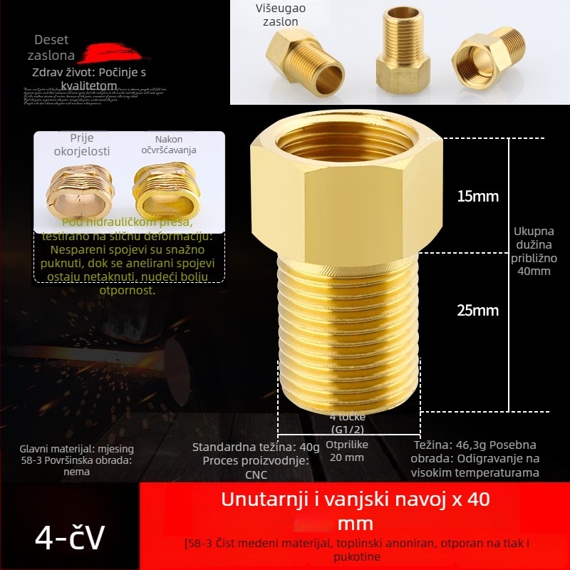 Bakreni produžni spoj s unutarnjim i vanjskim navojem, izravno produženje, navoji 4–6, prohodan dizajn