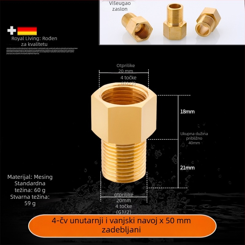 Bakreni produžni spoj s unutarnjim i vanjskim navojem, izravno produženje, navoji 4–6, prohodan dizajn