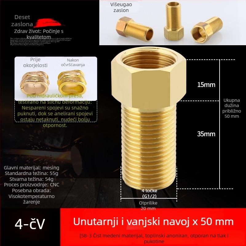 Bakreni produžni spoj s unutarnjim i vanjskim navojem, izravno produženje, navoji 4–6, prohodan dizajn