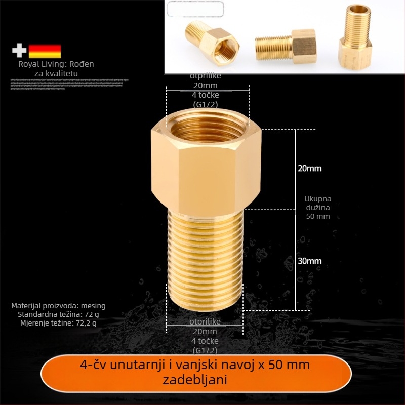 Bakreni produžni spoj s unutarnjim i vanjskim navojem, izravno produženje, navoji 4–6, prohodan dizajn