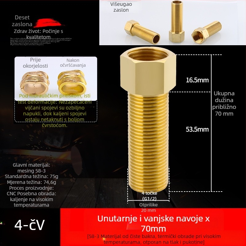 Bakreni produžni spoj s unutarnjim i vanjskim navojem, izravno produženje, navoji 4–6, prohodan dizajn